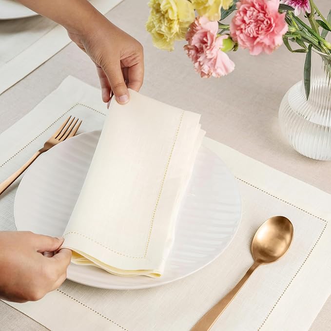 D'Moksha Homes Ivory Linen Napkins Set of 8 - Classic Hemstitch 100% Pure Linen Hemstitch Dinner Napkins 20 x 20 Inch for Valentines, Spring, Easter - Handcrafted and Machine Washable