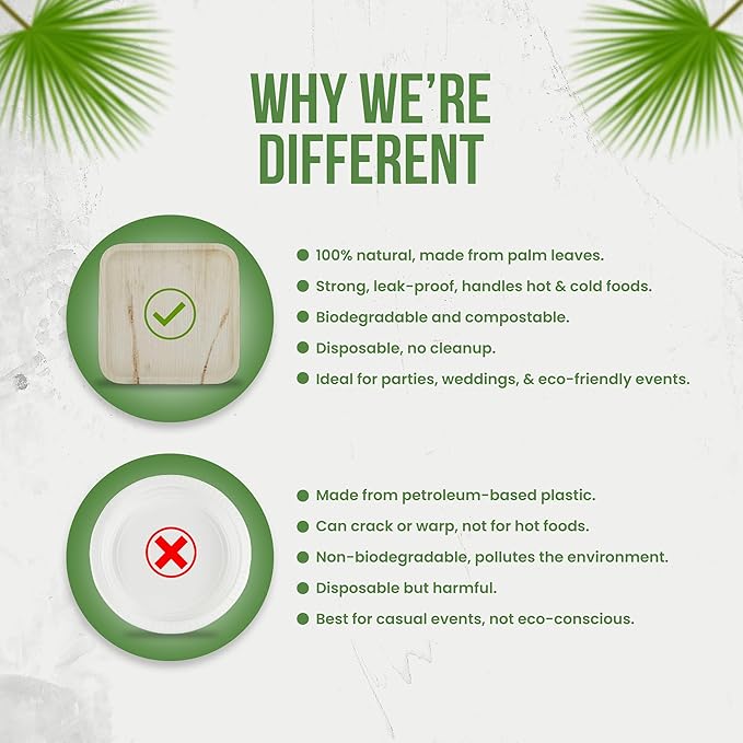 Palm Leaf Plates 10 Inch (50-Pack), Square Bamboo Plates Disposable, Heavy Duty Compostable & Biodegradable Wooden Plates for Party, Catering Events, Weddings, & Dinnerware