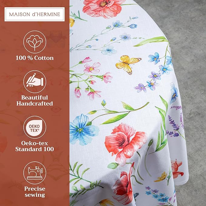 Maison d' Hermine Table Cloth Round Table 100% Cotton 63 Round Inches Tablecloth Reusable Decorative for Dining Room Farmhouse Home Valentines Day Decorations Spring Summer - Just Floral