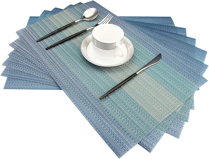 Placemats Washable Easy to Clean PVC Placemat for Kitchen Table Heat-resistand Woven Vinyl Hard Table Mats 12x18 inches Set of 6 （Blue）