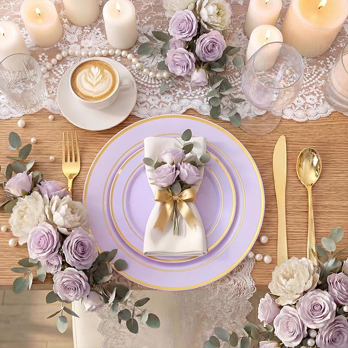 350PCS Purple Plates Disposable - Purple Plastic Plates 50Guests Lavender Disposable Dinnerware Sets with Rolled Napkins for Wedding/Birthday/Baby Shower/Easter