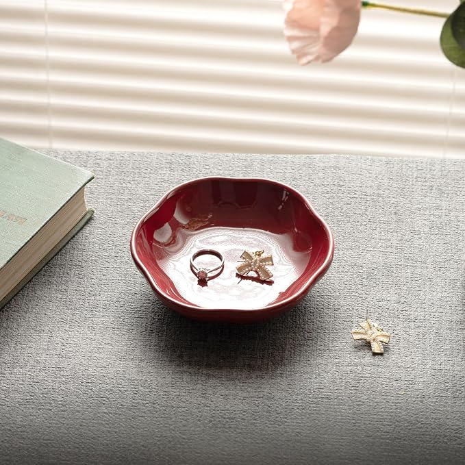 Floral Ceramic Ring Dish Elegant Jewelry Gift for Women Ceramic Trinket Tray Ring Holder Necklace Organizer for Mom Best Friend Sister (red)