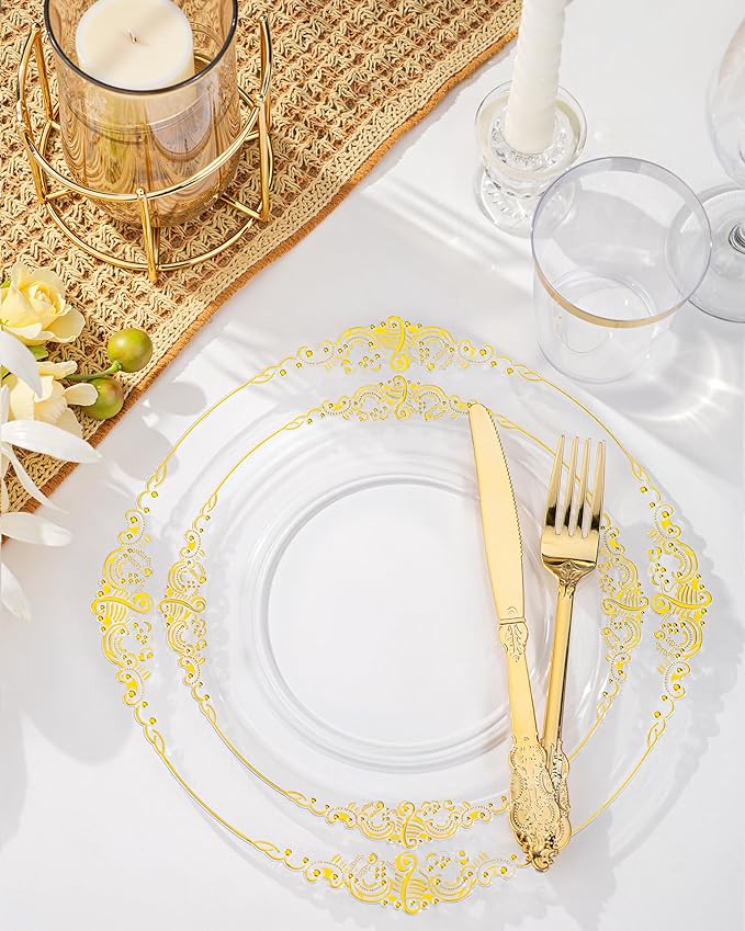 Nervure 100PCS Clear and Gold Plastic Plates - 7.5inch Clear Disposable Plates - Heavyweight Gold Plastic Plate - Dessert Plate for Wedding & Party