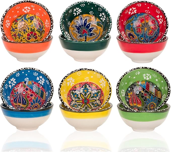 BCS Ceramic Pinch Bowls Set of 6, Small Bowls for Dipping - Cooking Prep & Charcuterie Board Bowls, Soy Sauce Dish, Handmade Multicolor Decorative Serving Dishes (3.2'' - 3 oz)