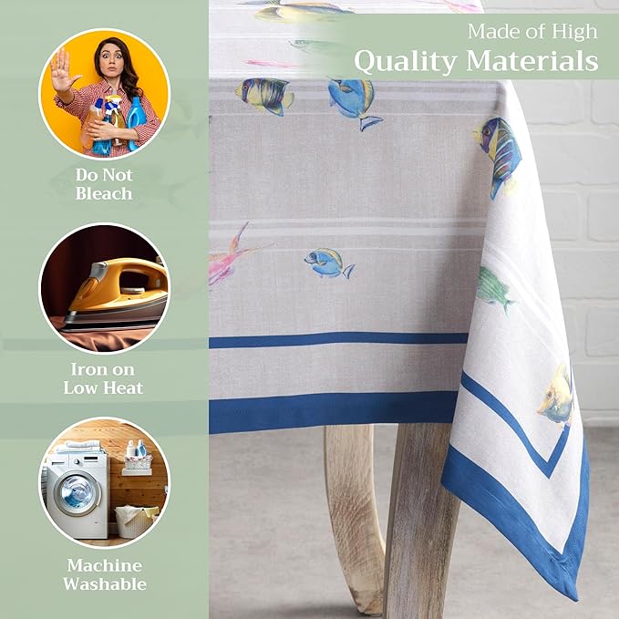 Maison d' Hermine Table Cloth Square Table 100% Cotton 60 x 60 Inches Tablecloth Reusable Decorative for Dining Room Farmhouse Home Valentines Day Decorations Spring Summer - Poisson