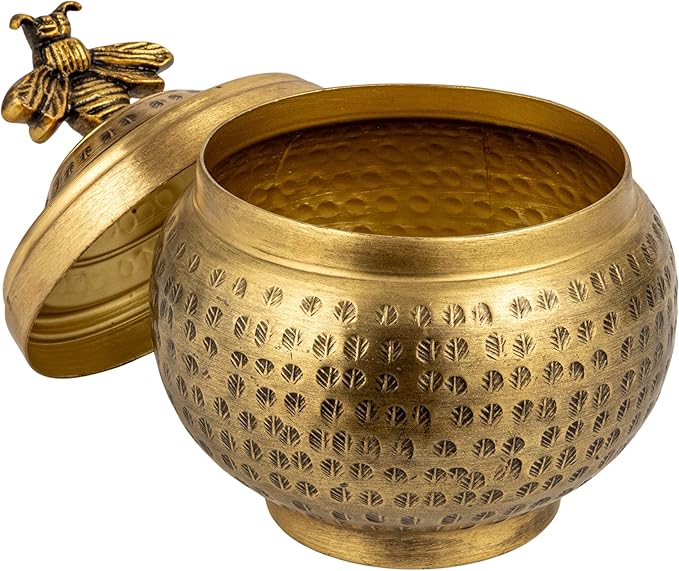 Round Hammered Metal Container with Bee Finial, Brass Finish