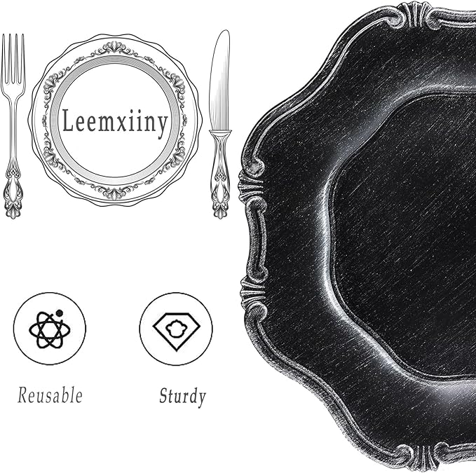 Black Charger Plates Set of 6, Decorative Table Plastic Chargers for Dinner Plates, Party, Wedding, Thanksgiving, Christmas, 22B