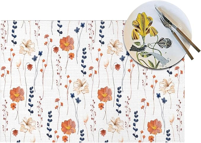 Watercolor Orange Floral Placemats Set of 4, Blue Orange Decorative Place Mats for Dining Tables Decor, Washable Linen Table Mats for Kitchen Spring Summer Outdoor Party Home Decor
