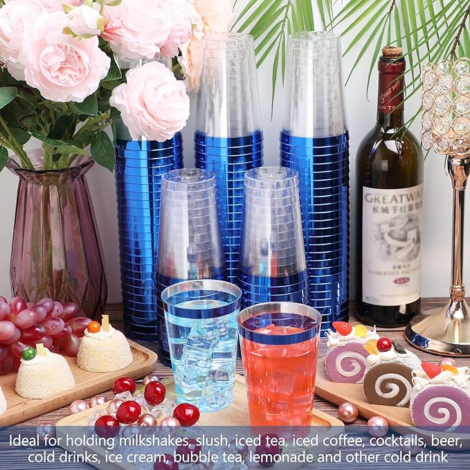 Patelai 100 Pcs Blue Plastic Cups 12 oz Blue Rimmed Plastic Cups Heavy Duty Disposable Wine Glasses Clear Cocktail Glasses Drinking Tumblers for Party Wedding Christmas Birthday