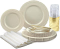 " OCCASIONS " 960pcs set (120 Guests)-Vintage Wedding Party Disposable Plastic Plates -120 x 11'' + 120 x 8.25''+Silverware+Gold rim Cups+Napkins (Chateau in Ivory)