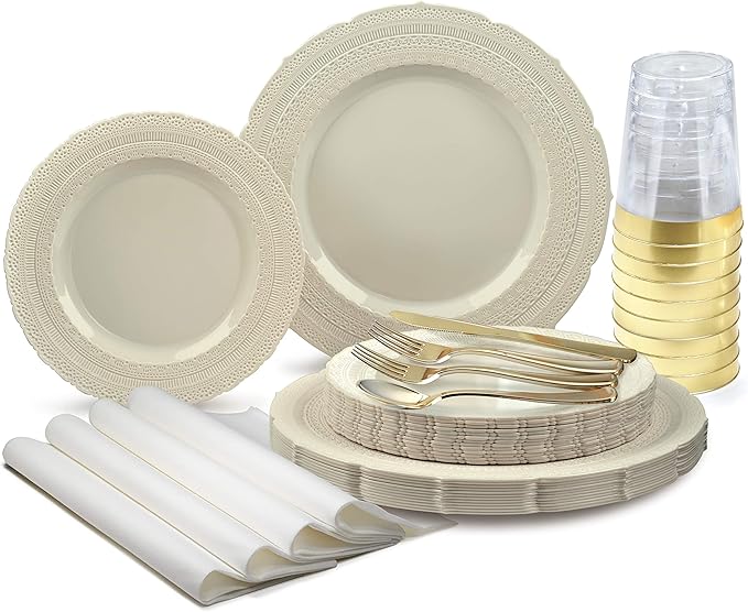 " OCCASIONS " 960pcs set (120 Guests)-Vintage Wedding Party Disposable Plastic Plates -120 x 11'' + 120 x 8.25''+Silverware+Gold rim Cups+Napkins (Chateau in Ivory)