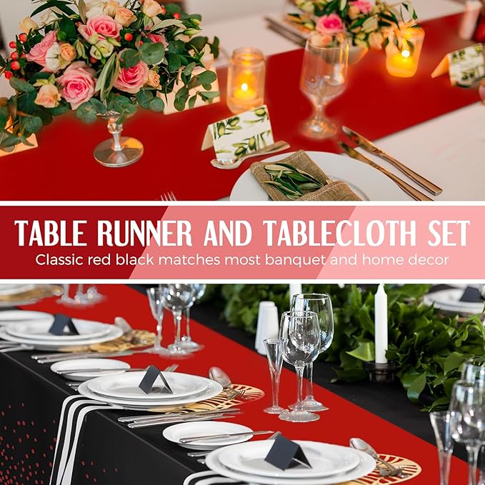 Breling 16 Pack Black and Red Disposable Plastic Tablecloths and Satin Table Runner Set, 54 x 108 Inch Tablecloth, 12 x 108 Inch Table Runners for Wedding Graduation Birthday Baby Shower