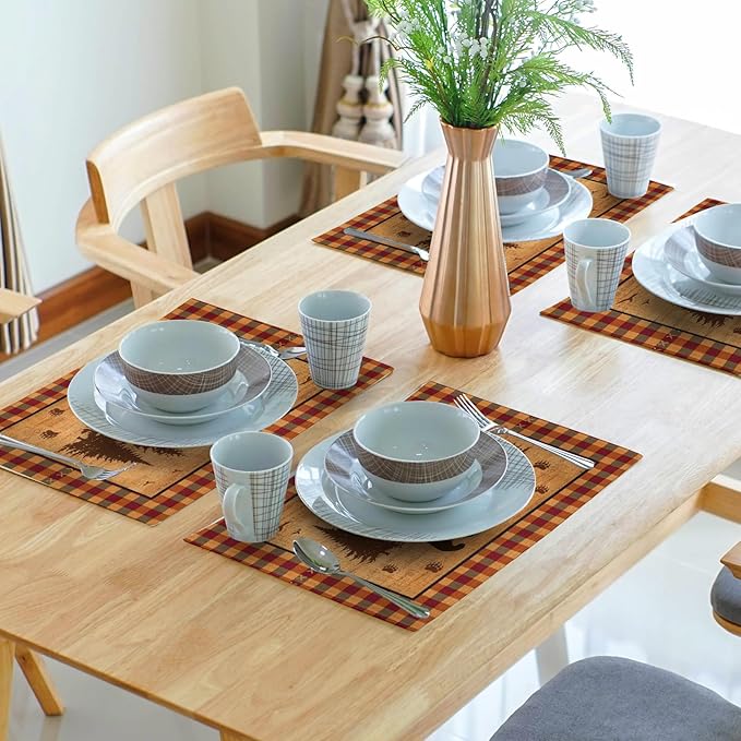 Rustic Bear Forest Pine Tree Placemats Set of 4, Wildlife Paw Print Buffalo Plaid Table Place Mats 18 x12 Inch Heat Resisting Non-Slip Table Mats for Party Holiday Kitchen Farm Indoor Decor