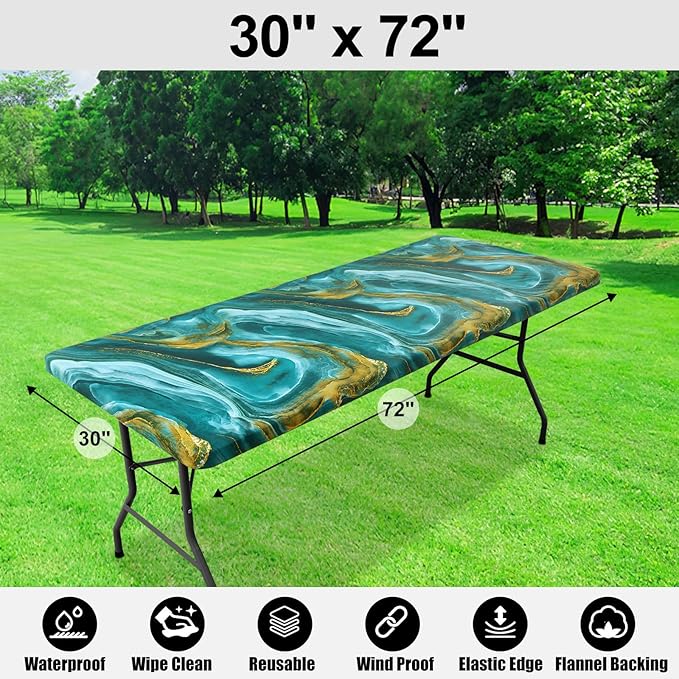 Smiry Rectangle Table Cloth Cover, Waterproof Elastic Fitted Picnic Tablecloth for 6 Foot Tables, Wipeable Flannel Backed Vinyl Tablecloths for Camping, Dining, Outdoor (Teal & Gold, 30" x 72")