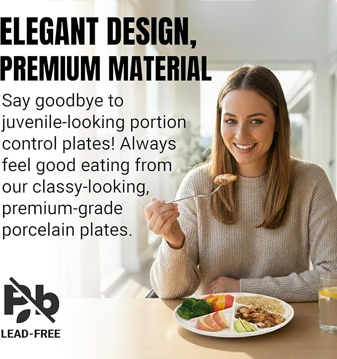 GetTheFad Portion Control Plate (Porcelain) Set of 2, 9.3 Inch Divided Portion Plates for Weight Loss Adults, Divided Dinner Plates for Adults, Healthy plates for adults, My plate for Weight Watchers