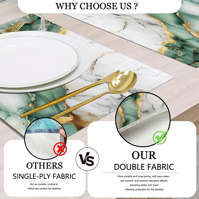 Mcalk Green Marble Table Runner and Placemats Set of 6, Marble Print Placemats, Modern Cloth Place Mats Indoor for Kitchen,Washable Linen Material for Dining Table