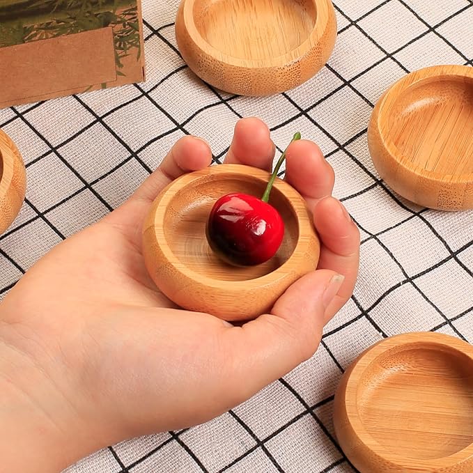 Mini Belly Bowls Set, Bamboo Sauce Dish Dipping Bowls for Appetizers/Dips/Sauce/Nuts, Natural Bamboo Wooden Facial Mask Mixing Bowl for Ladies Women Cosmetic Tool, Round