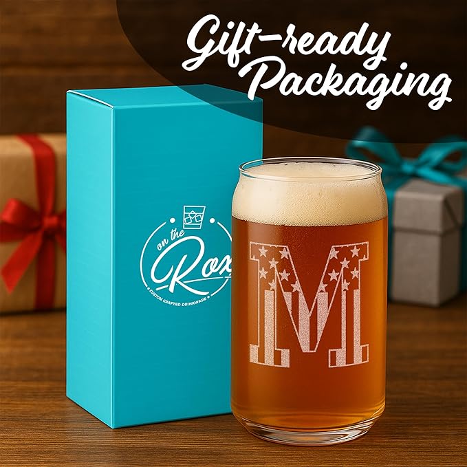 Monogram Beer Glasses for Men (A-Z) 16 oz - Beer Gifts for Men Brother Son Dad Neighbor - Unique Gifts for Him - Personalized Drinking Gift Beer Glass Mugs - Engraved Beer Can Glass (M)