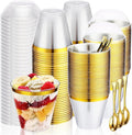 Jinei 50 Sets 9 oz Plastic Dessert Cups with Dome Lids Spoons Gold Rimmed Clear Disposable Plastic Fruit Cups with Lids for Yogurt Parfait Pudding Cupcake Ice Cream Party Wedding Reception