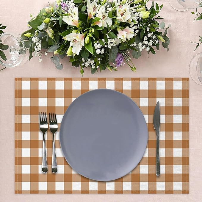AOFOTO Brown Plaid Placemats Set of 4 for Dining Table Brown and White Checkered Place Mats Washable Rectangular Stripes Table Mats for Party Home Kitchen Restaurant Decor 12x18 Inch