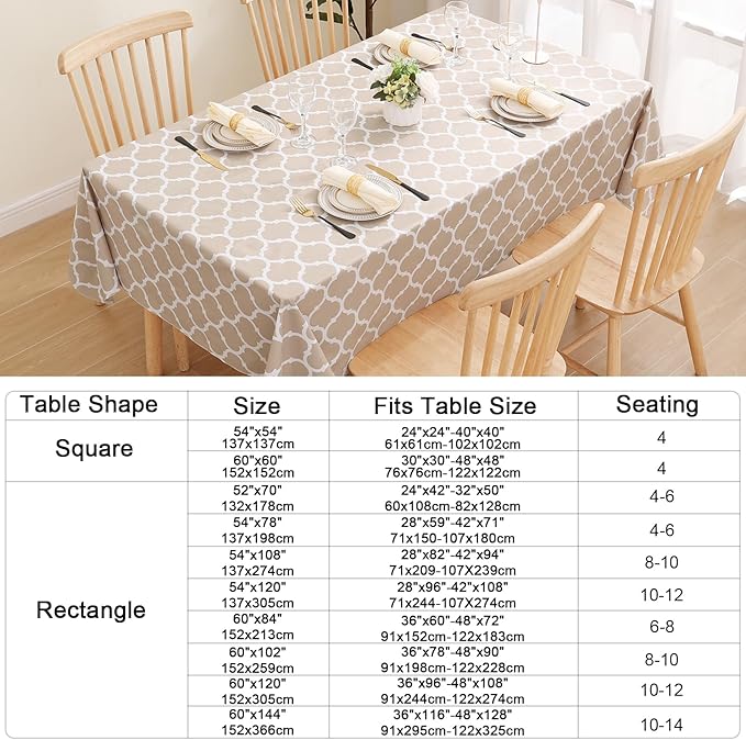 Smiry Rectangle Table Cloth, Waterproof Vinyl Tablecloths with Flannel Backing for Rectangle Tables, Wipeable Spillproof Plastic Tablecloth for Dining, Camping, Indoor and Outdoor (54"x108", Khaki)