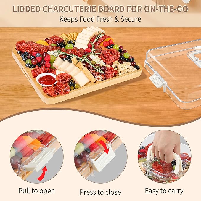 Portable Travel Charcuterie Board with Lid and Handle - Large Bamboo Cheese Board with 4 Cheese Knife Set for Outdoor, Picnics - Weddings, House Warming Gift for Women (6 Compartments, White)