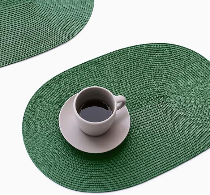 FunWheat Oval Braided Placemats Set of 8 Table Mats for Dining Tables Washable Heat Resistant Place Mats for Indoor Outdoor Use 12 x18 Inch(Oval Black Green, 8pcs)