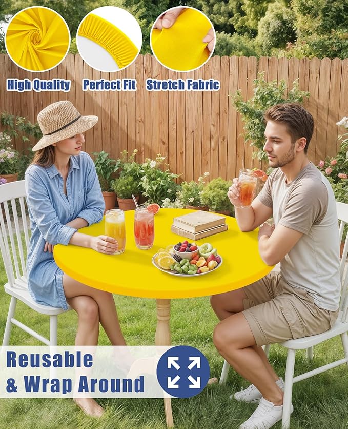 Round Spandex Tablecloth, Elastic Fitted Waterproof Tablecloths for 25"-30" Tables, Stretch Washable Picnic Table Cover for Camping, Dining, Indoor and Outdoor, Yellow