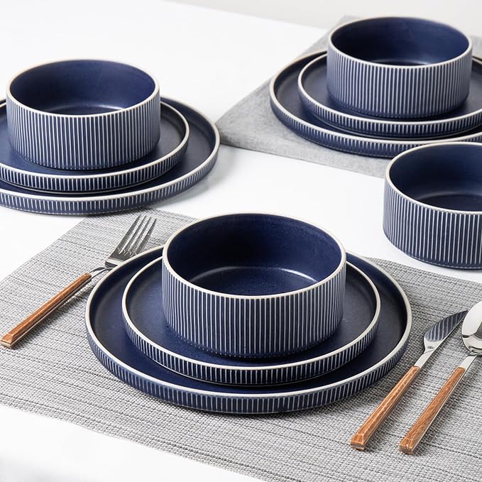 Dinnerware Set Service for 4, 12-Piece Ceramic Plates and Bowls Set, Chip & Scratch Resistant, Microwave and Dishwasher Safe, Modern Minimalist Tableware for Everyday Use, Matte Blue