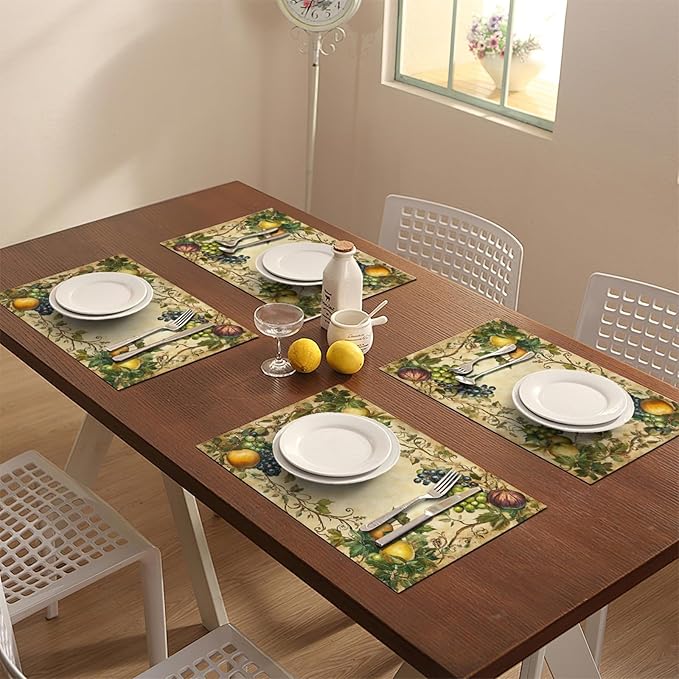Fruit Placemats Set of 6, Fruits Grape Table Mats, Washable Place Mats for Home Party Indoor Kitchen Dining Table Decoration 12x18 Inch