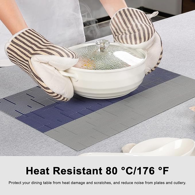 Placemats Set of 4, Vinyl Woven Place Mats Indoor Set of 4 Washable Wipeable PVC Table Mats Heat-Resistant Non Slip Plastic Placemat for Kitchen Dining Outdoor Table (Blue Gray, Set of 4)