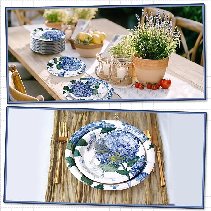 48 Pcs Hydrangea Paper Plates Set 9" 7" Summer Watercolor Disposable Plates Decorative Dinner Birthday Party Tableware for Baby Shower Party Supplies