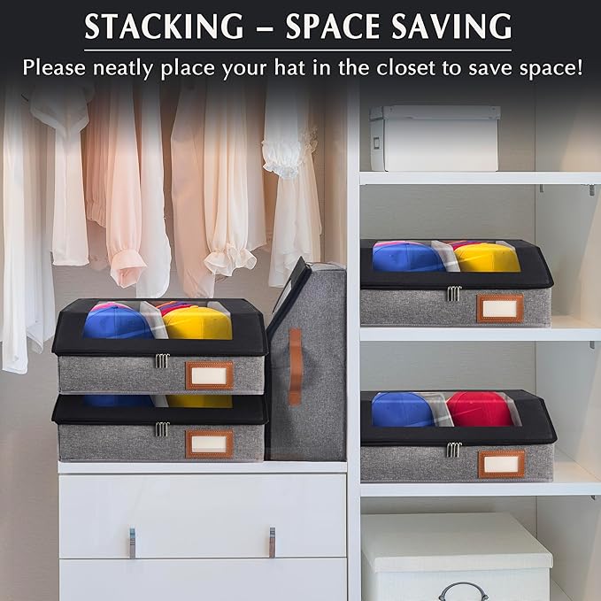2-in-1 Hat Organizer for Baseball Caps Holds 48-60 Hats Holder for Closet with Clear lid Stackable Hat Storage with Adjustable Space Cowboy Hat Box for Men Women 2 PCS Black and Grey