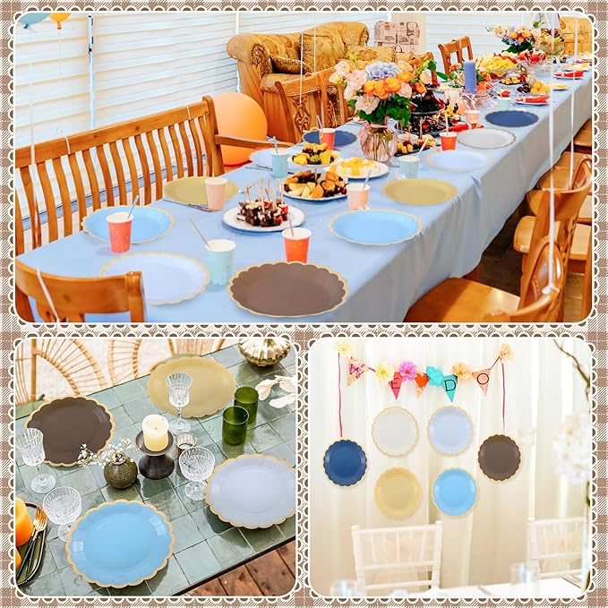 48 Pcs Blue Brown Paper Plates 9 Inch Gradient Scalloped Paper Plates Disposable Dinner Dessert for Birthday Wedding Bridal Party Supplies, 6 Colors