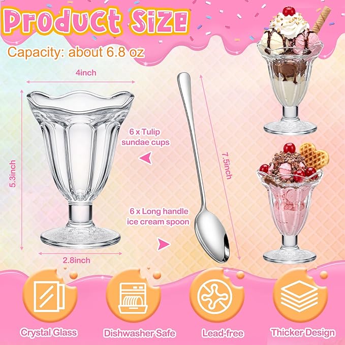 6 Pcs Glass Dessert Cups Set, 6.8 oz Clear Tulip Sundae Cups with Long Handle Spoons, Footed Parfait Trifle Glasses for Valentine's Dessert, Date Night Fruit Cocktail