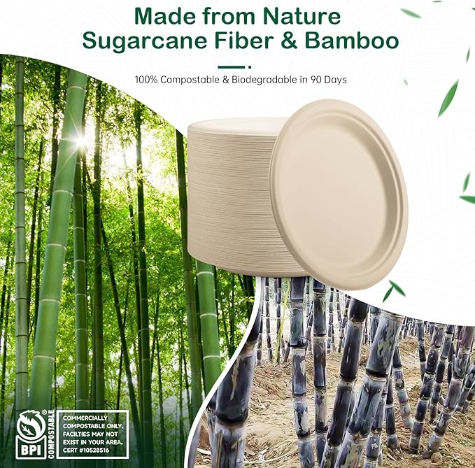 10 Inch 128 Pack Compostable Disposable Paper Plates, Large Round Dinner Plates, Heavy Duty Sugarcane Bagasse, Biodegradable Eco-Friendly for Parties & Daily Use, Natural