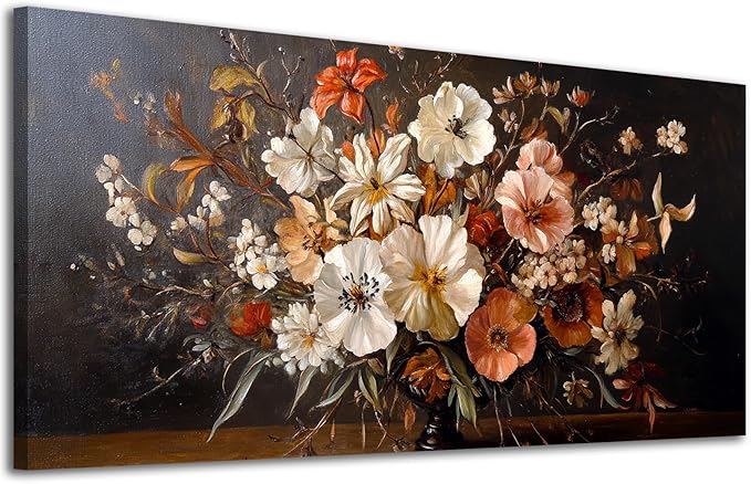 ADJUVANT Wall Art Vintage Floral Bouquet in Vase 40"L x 20"W, Flowers Canvas Painting Botanic Artwork Retro Blossoms Prints Graceful Floral Wall Decor for Living Room Bedroom Dining Room Home Office
