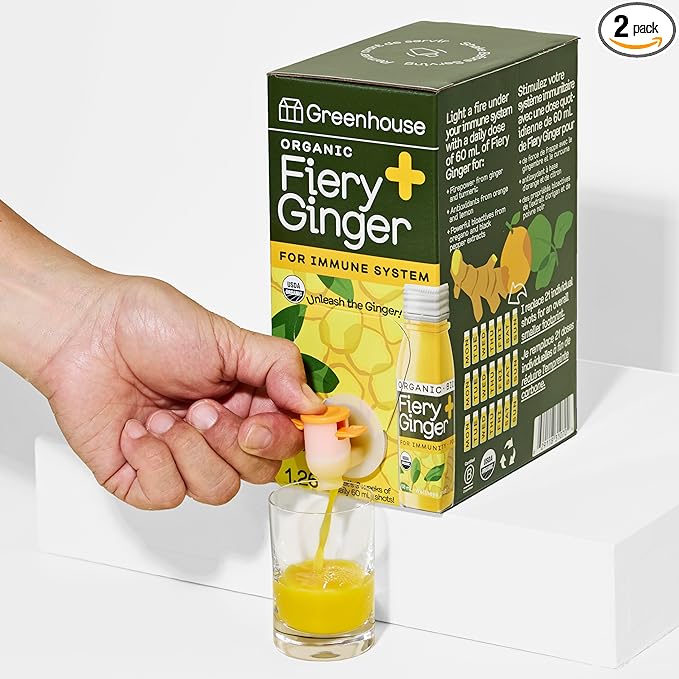Greenhouse Juice Organic Fiery Ginger Wellness Shot Box Multipack 1.26L Ginger, Turmeric, Lemon, Black Pepper & Oregano | Immunity Wellness + Antiflammatory (Bag-in-Box Dispenser 2 Pack, Fiery Ginger)