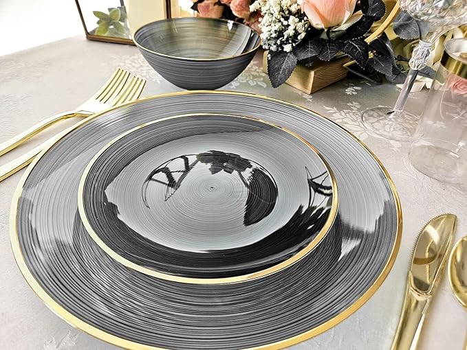" OCCASIONS " 120 Pieces Pack,(60 Guests) Premium Wedding Party Disposable Plastic Plates Set -60 x 10'' Dinner + 60 x 7'' Salad/Dessert (Belize in Black & Gold)