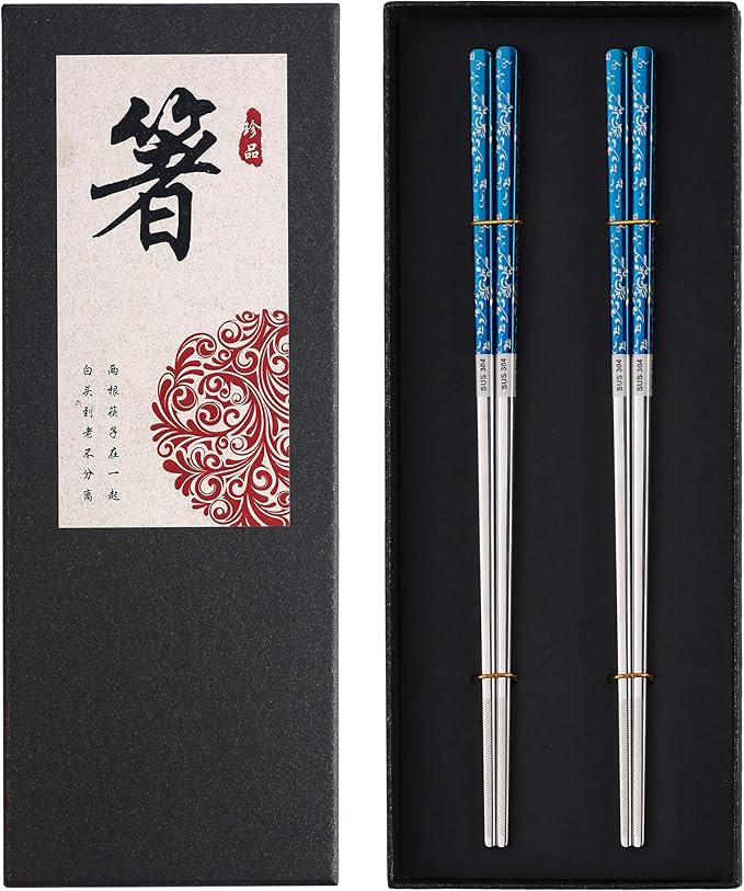 Titanium Plated Chopstick Stainless Steel Chopsticks Metal Chopsticks Reusable Dishwasher safe Premium Laser Engraved Chop Sticks for Eating 2 Pairs Gift Set Blue Silver
