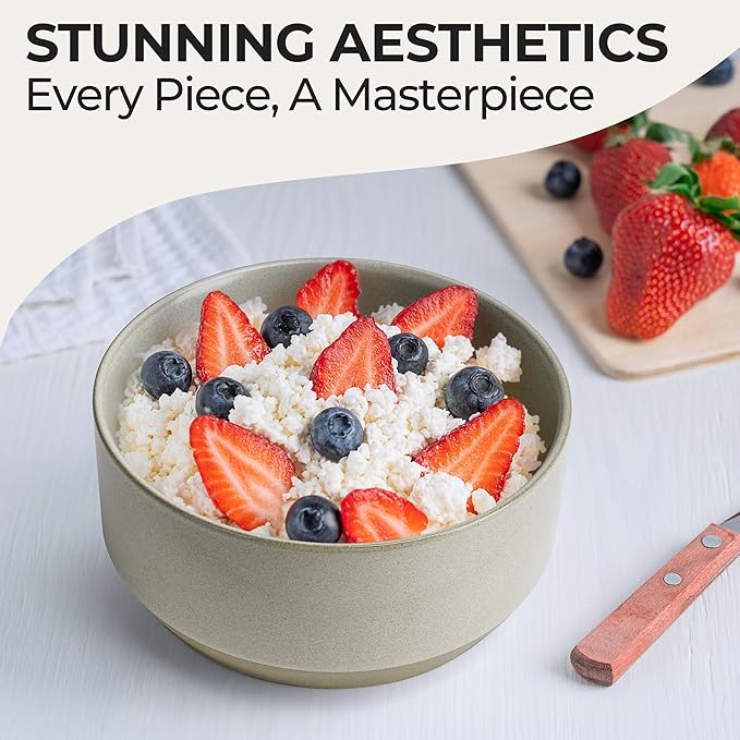 MIAMIO – Bowl Set of 4 / Ceramic Bowl Set (30 oz) for Pasta, Ramen, Cereal, Salad – Dishwasher and Microwave Safe – Sierra Collection (Light, Bowls (4x))