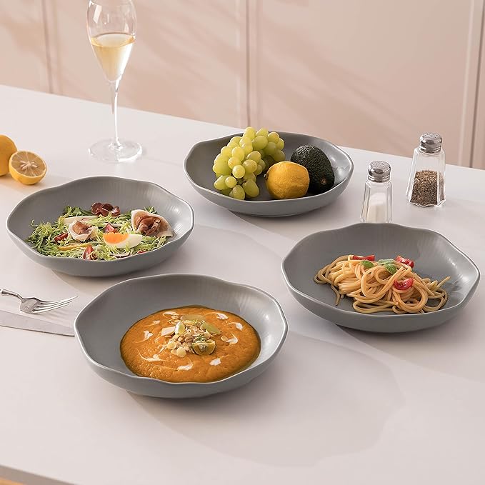 Pasta Bowls Set of 4, Ceramic 24.5oz Serving Salad Bowl, Large 8.5 inch Wide Shallow Soup Bowls with Wavy Rim, Easy to Clean, Oven Microwave Dishwasher Safe for Fruit Pasta Salad Dinner - Grey