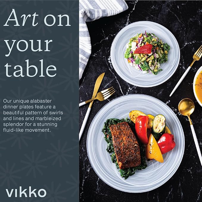 Vikko Dinner Plates, Set of 4 White Alabaster Plates, 11" Plate with Marbelized, Swirl Design, Elegant Glass Plate, Dishwasher Safe