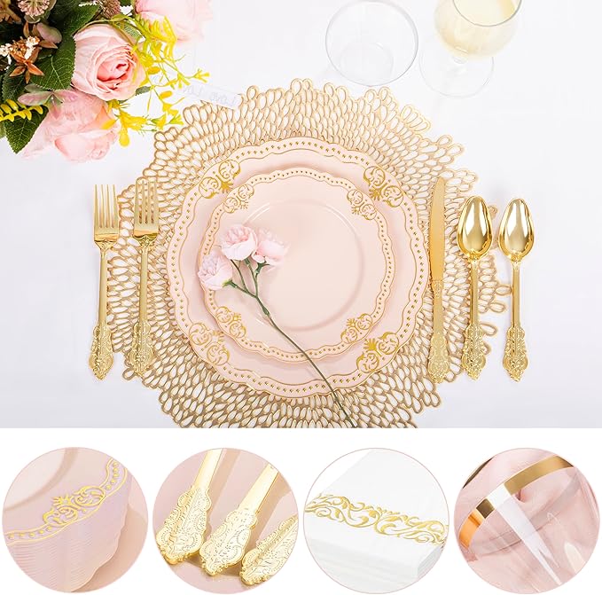 Ciaell 175 PCS Pink and Gold Plastic Plates - Fancy Gold Disposable Dinnerware Set with of 50 Plates, 25 Knives, 25 Forks, 25 Spoons, 25 Cups, 25 Napkins for Party & Weddings & Valentine's Day