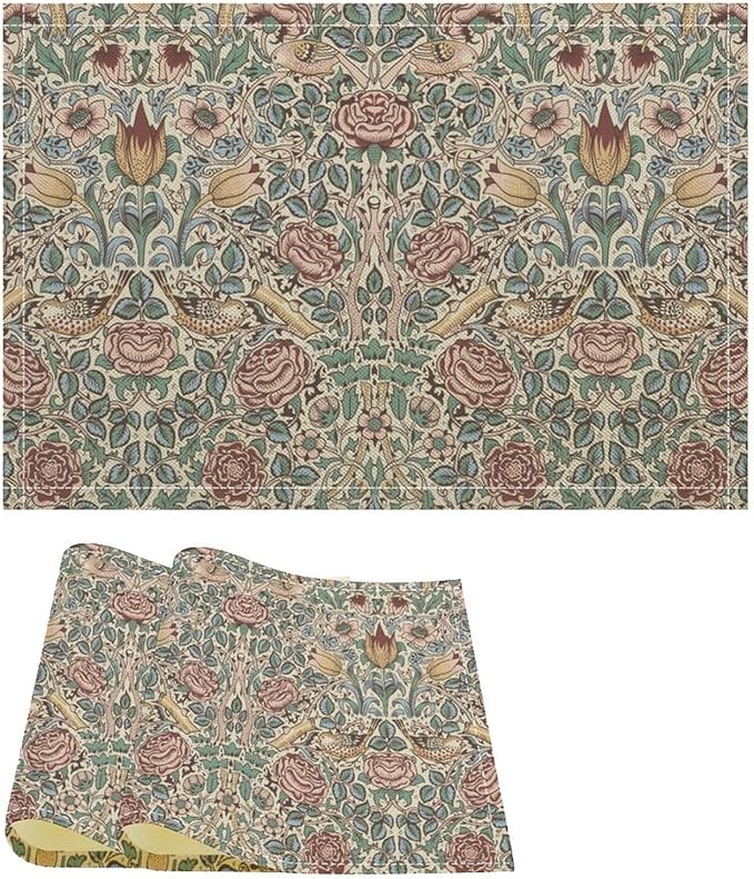William Morris Placemat Set, Beige Blue Pink Vintage Rustic Art Exotic Ethnic Floral Bird Seamless Pattern Home Decor Linen Table Mats for Dining Room Kitchen Party (17x12in) x2P