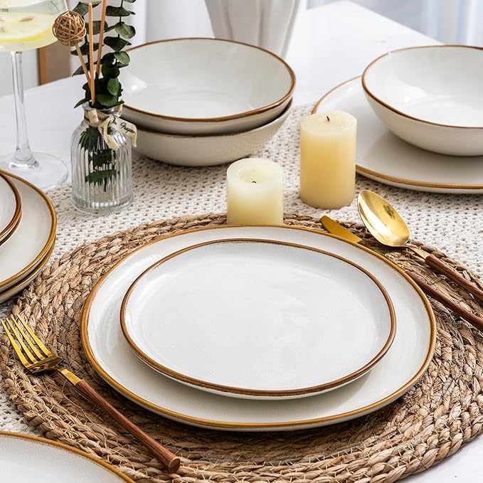 AmorArc Ceramic Dinner Plates Set of 6, 10.5 Inch Handmade Reactive Glaze Stoneware Plates,Large Rustic Shape Dinnerware Dish Set for Kitchen, Microwave & Dishwasher Safe,Scratch Resistant-Pearl White