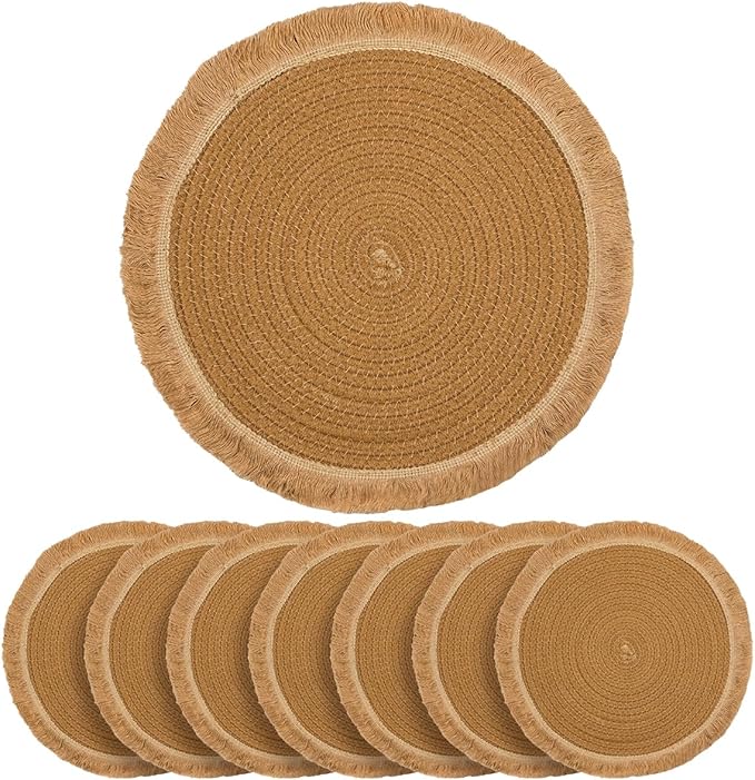 13.8 in Round Woven Placemats Set of 8, Washable Cotton Rope Place Mats for Dining Table Decor, Boho Farmhouse Rustic Table Mats Plate Chargers for Dinner Plates
