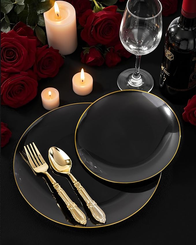 Nervure 100 Pieces Black Plastic Plates - 7.5inch Black Dessert Plates - Disposable Gold Plastic Plate - Disposable Plate Ideal for Wedding & Party