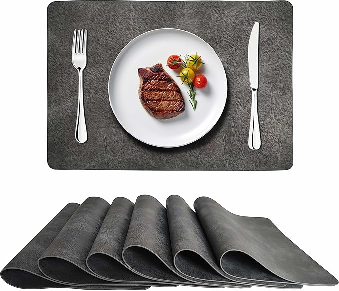Cowhide Pattern PU Leather Placemats Set of 6 Heat Resistant Kitchen Table Mats, Non-Slip Dining Table Decorations, Double-Sides Waterproof Wipeable Place mats(Grey)