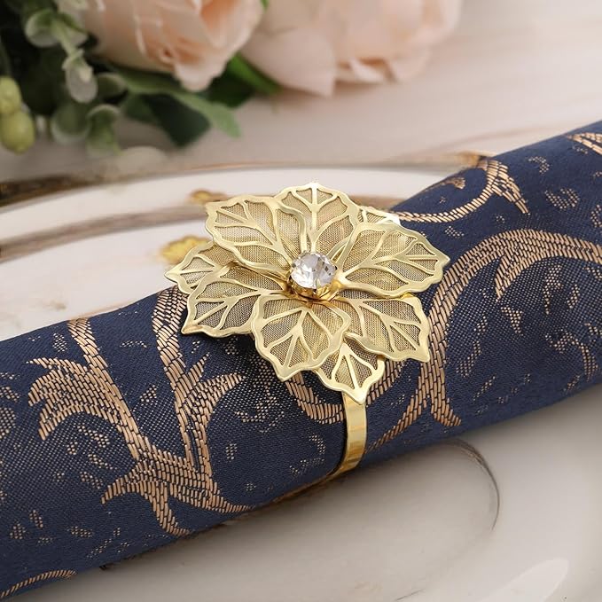 Hotop 50 Pcs Gold Napkin Rings Flower Napkin Holders Buckles Hollow Out Rhinestone Christmas Delicate Serviette Buckles for Thanksgiving Party Gathering Dinner Wedding Banquet Holiday Table Decor